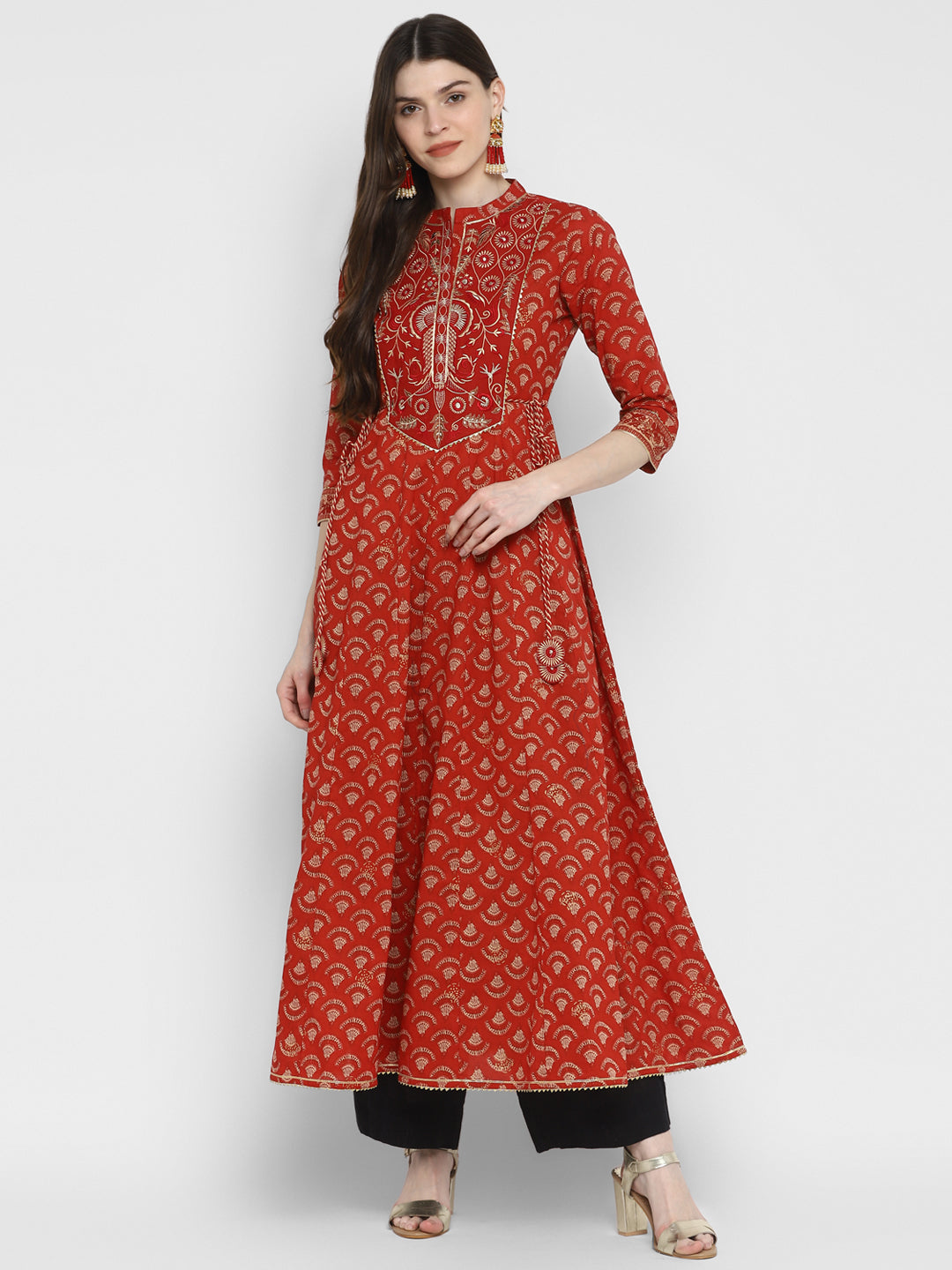 Women's Embroidered & Printed Anarkali Cotton Red Kurta - Vbuyz