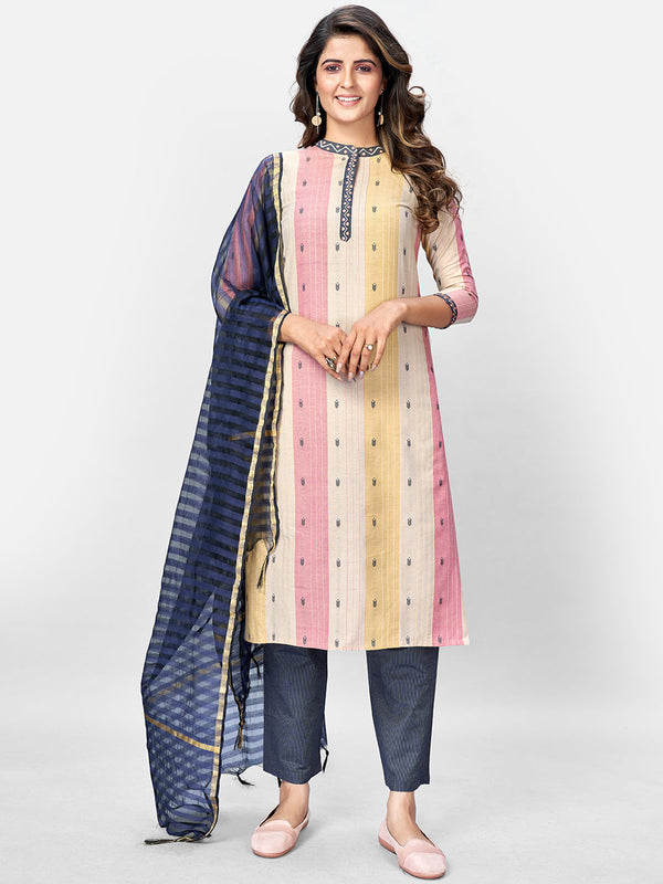 Women's Beige Multicolour Cotton Kurta With Pant & Dupatta By Vbuyz (3Pcs Set)