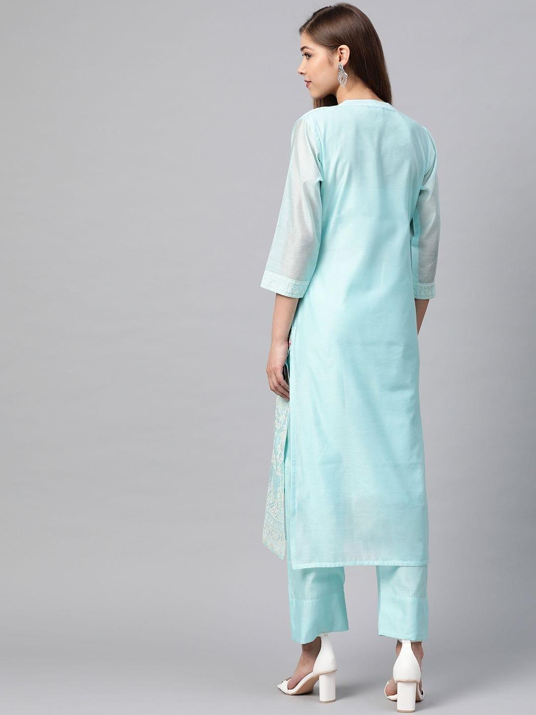 Women Blue & White Printed Kurta With Trousers - Indiakreations