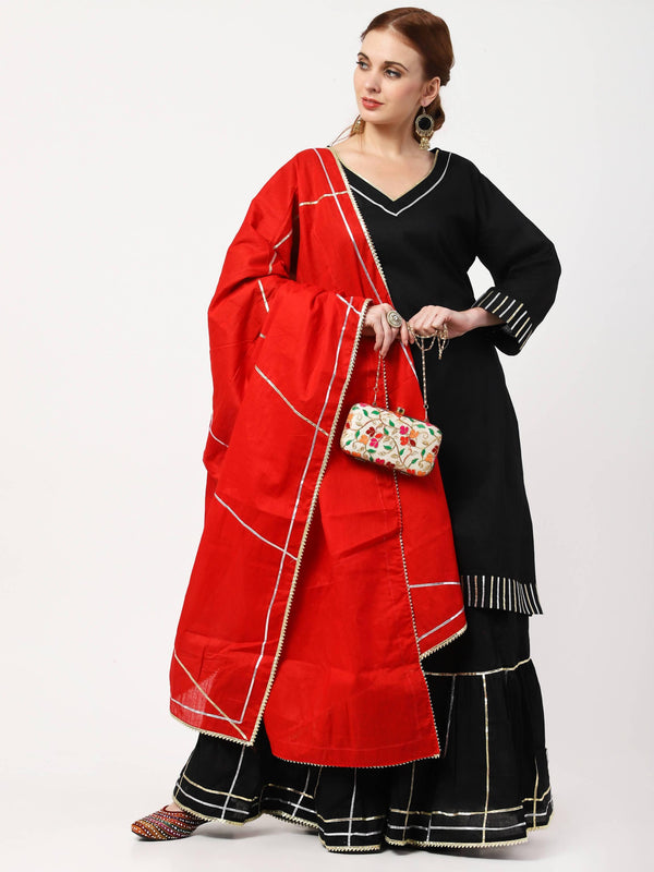 Women's Black & Red Kurta Skirt Dupatta set - Cheera - Indiakreations