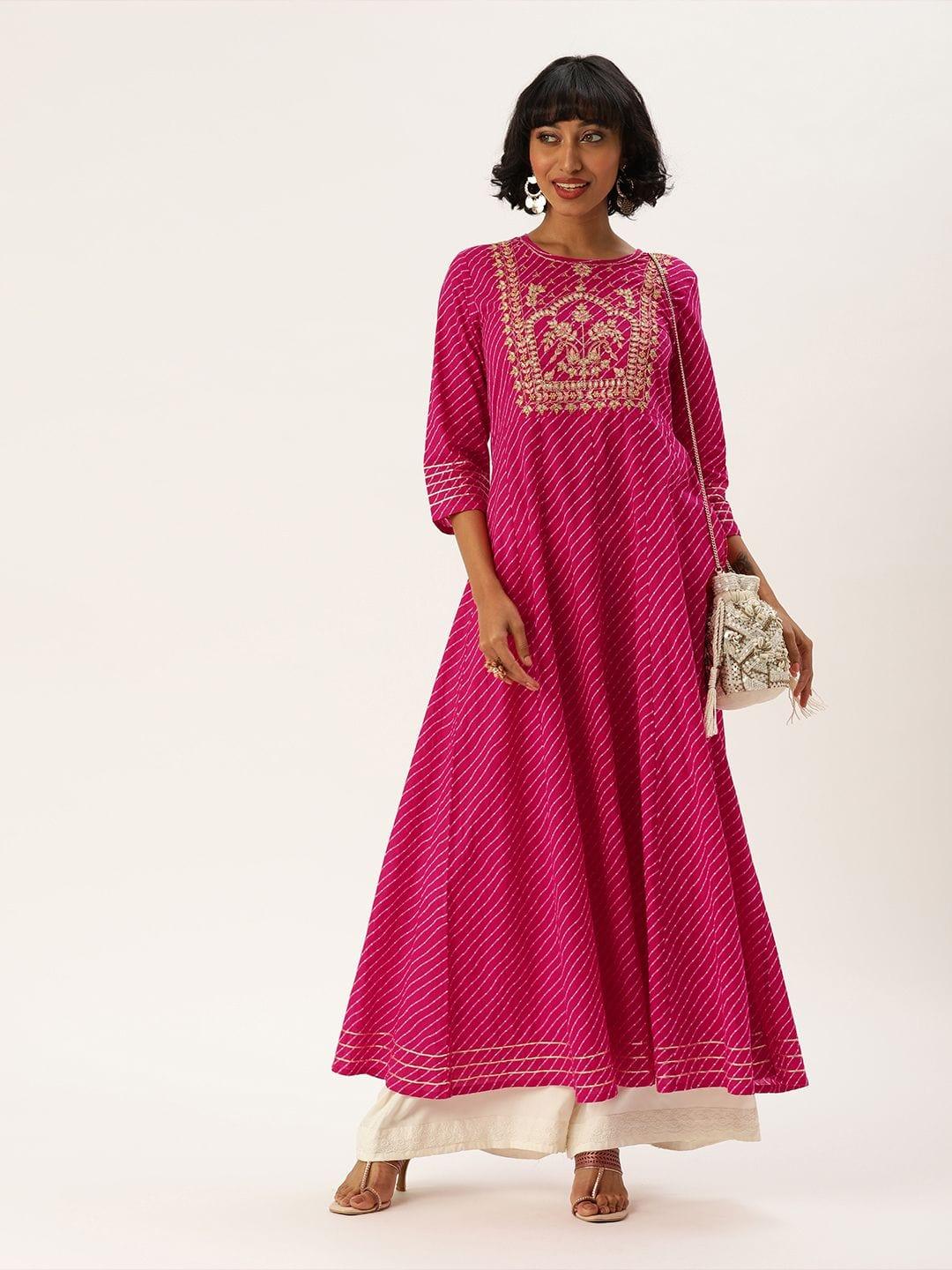 Women Magenta Pink & Gold-Toned Embroidered Anarkali Kurta - Indiakreations