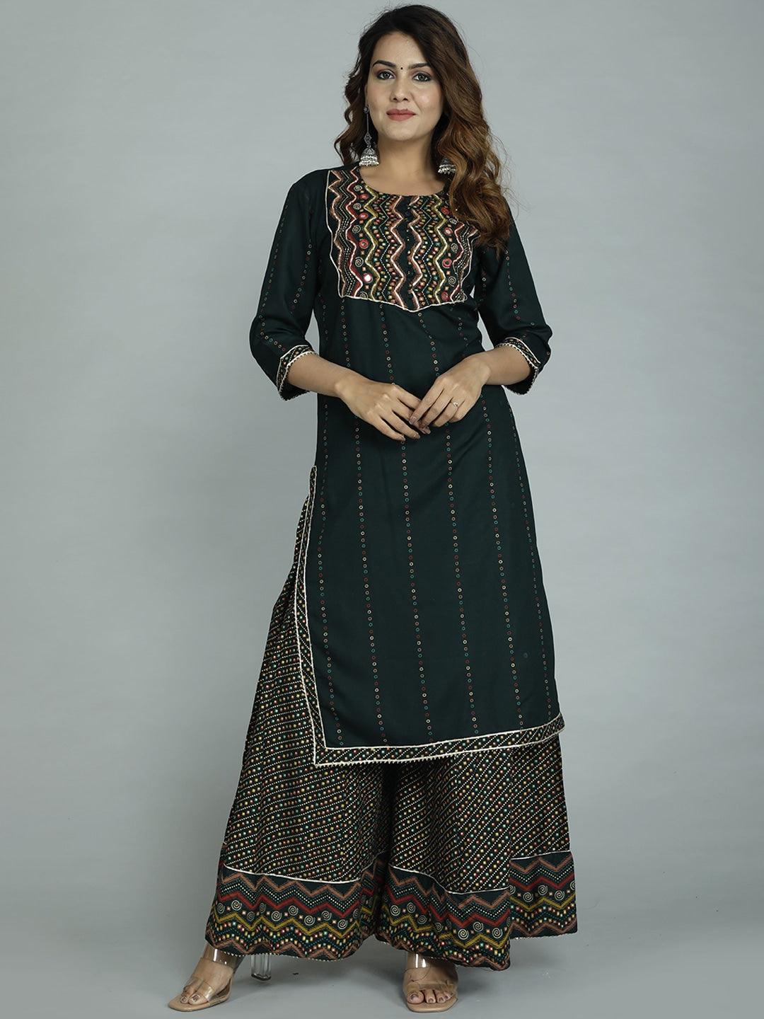 Women's Green Ethnic Motifs Embroidered Panelled Kurta With Sharara & With Dupatta - Noz2Toz - Indiakreations