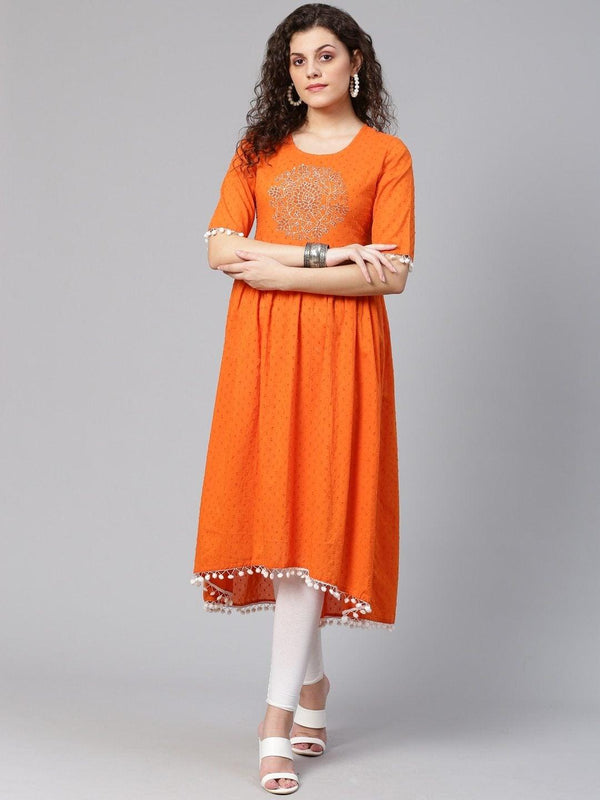 Women's Orange Pom-Pom Detail Woven Design High-Low A-Line Kurta - Meeranshi - Indiakreations