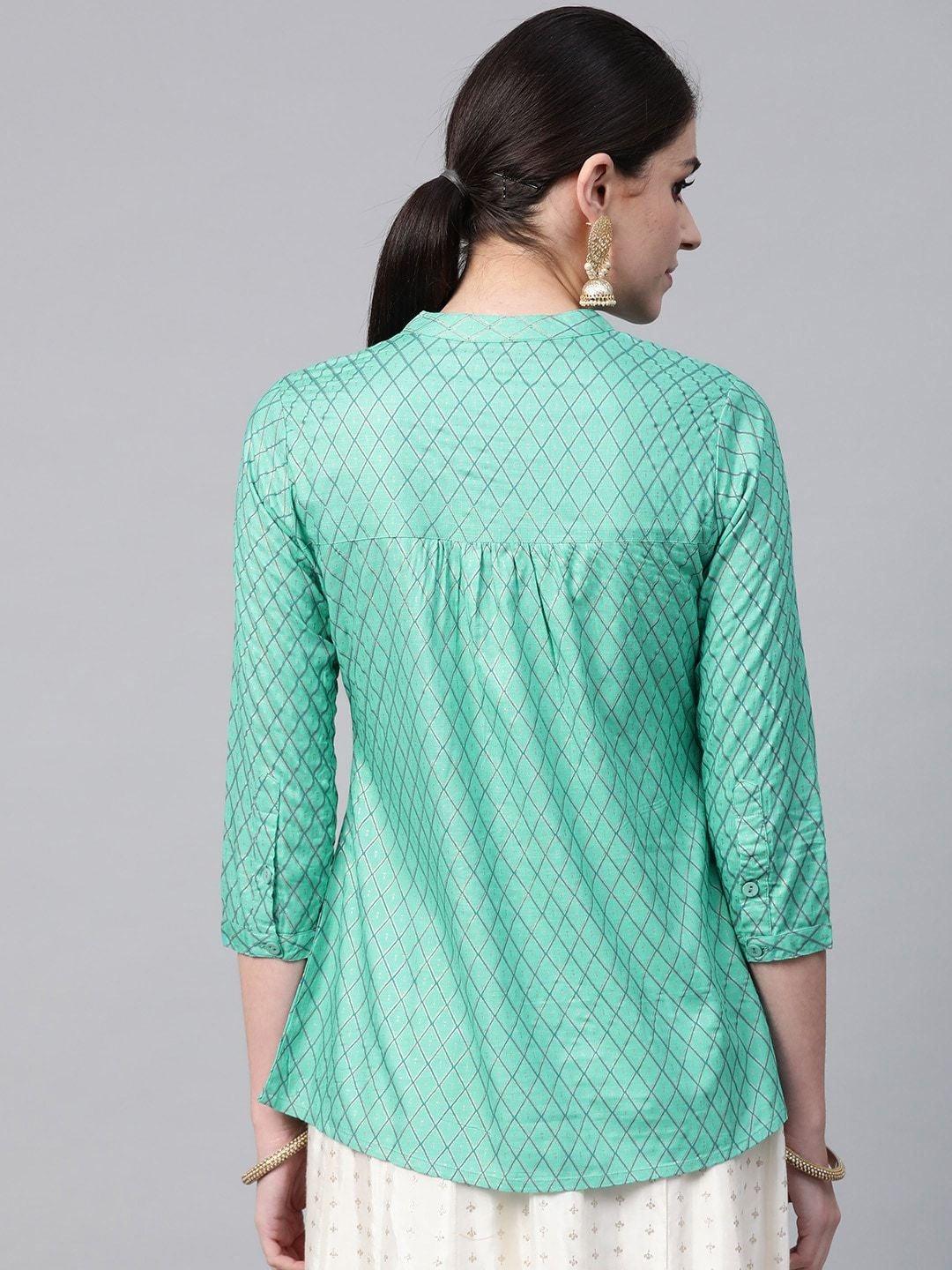 Women's Green & Golden Checked Kurti - Meeranshi - Indiakreations