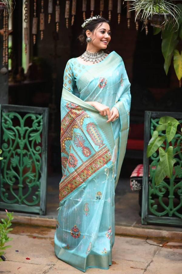 Baby Blue Floral Tusser Silk Saree - Indiakreations