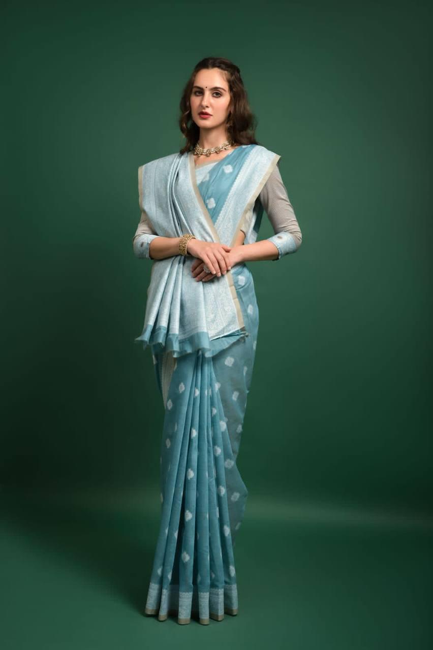 Baby Blue Lucknowi Chikankari Saree - Indiakreations