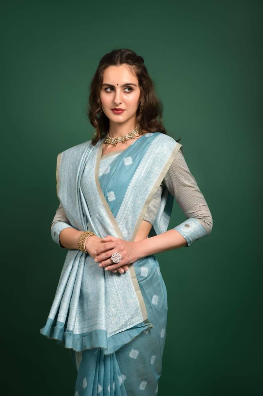 Baby Blue Lucknowi Chikankari Saree - Indiakreations