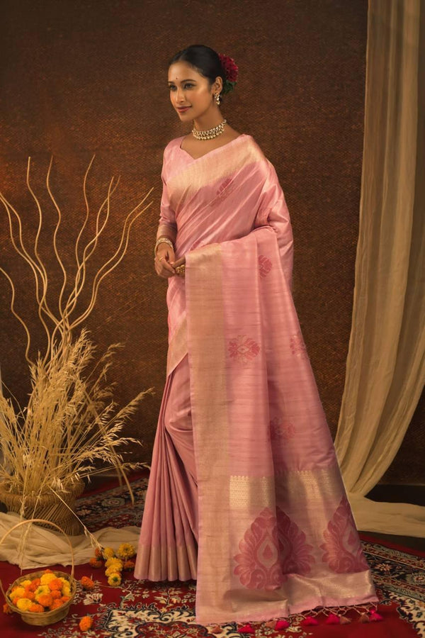 Baby Pink Ethnic Mulberry Silk Saree - Indiakreations