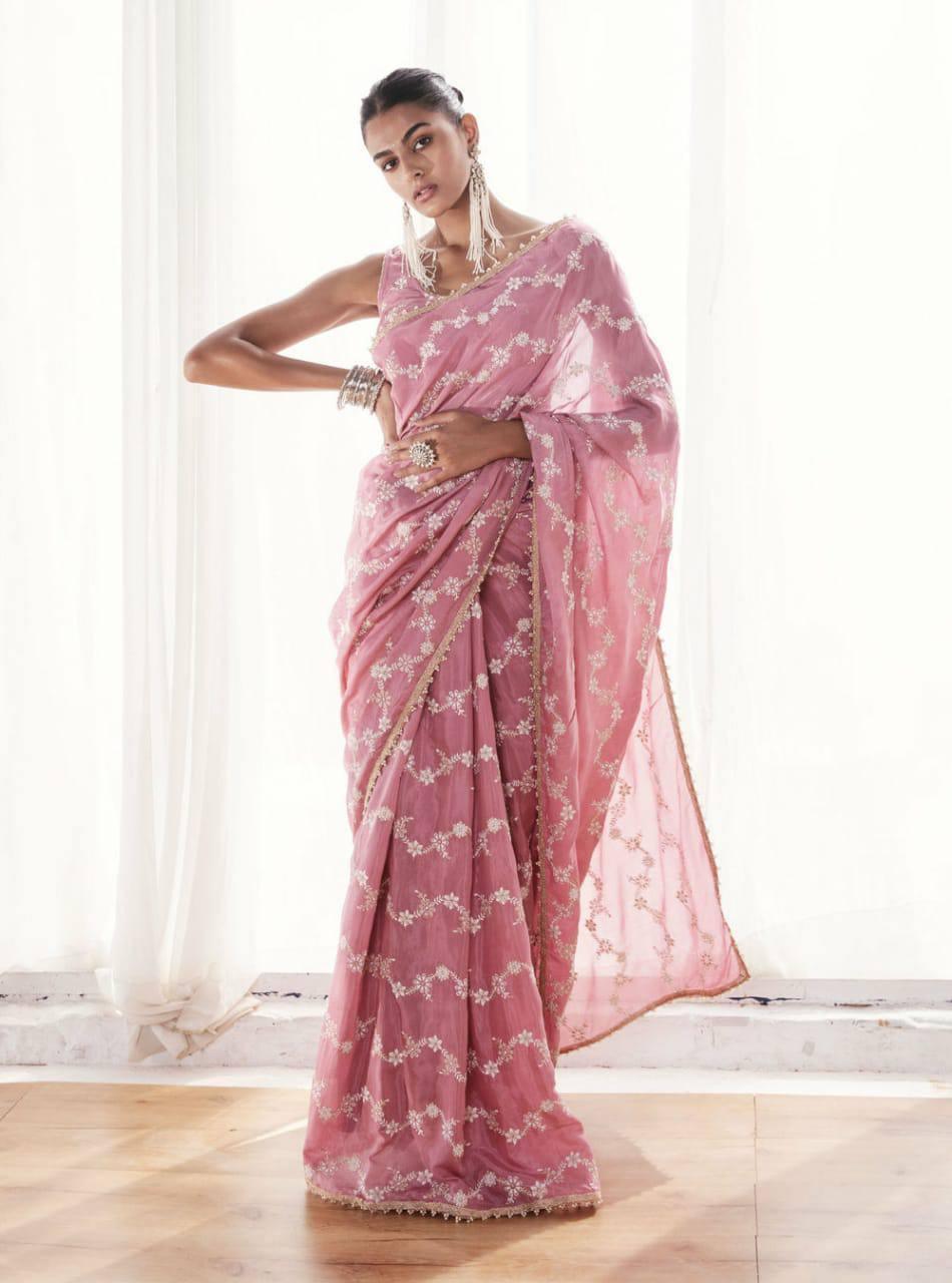 Baby Pink Georgette Silk Embroidery Saree - Indiakreations