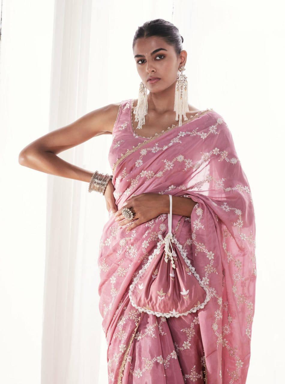 Baby Pink Georgette Silk Embroidery Saree - Indiakreations