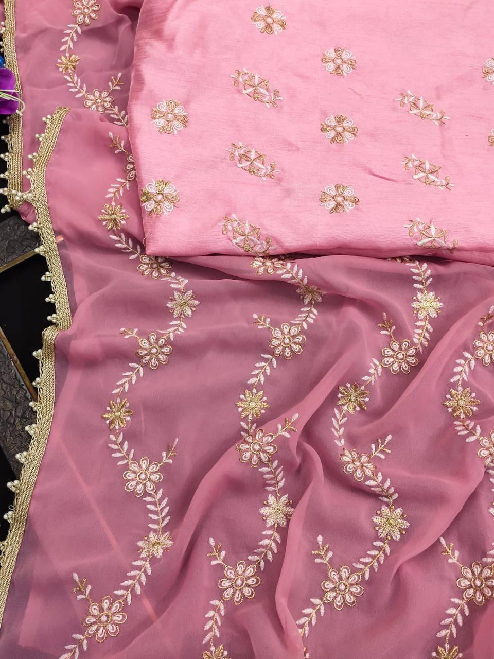 Baby Pink Georgette Silk Embroidery Saree - Indiakreations