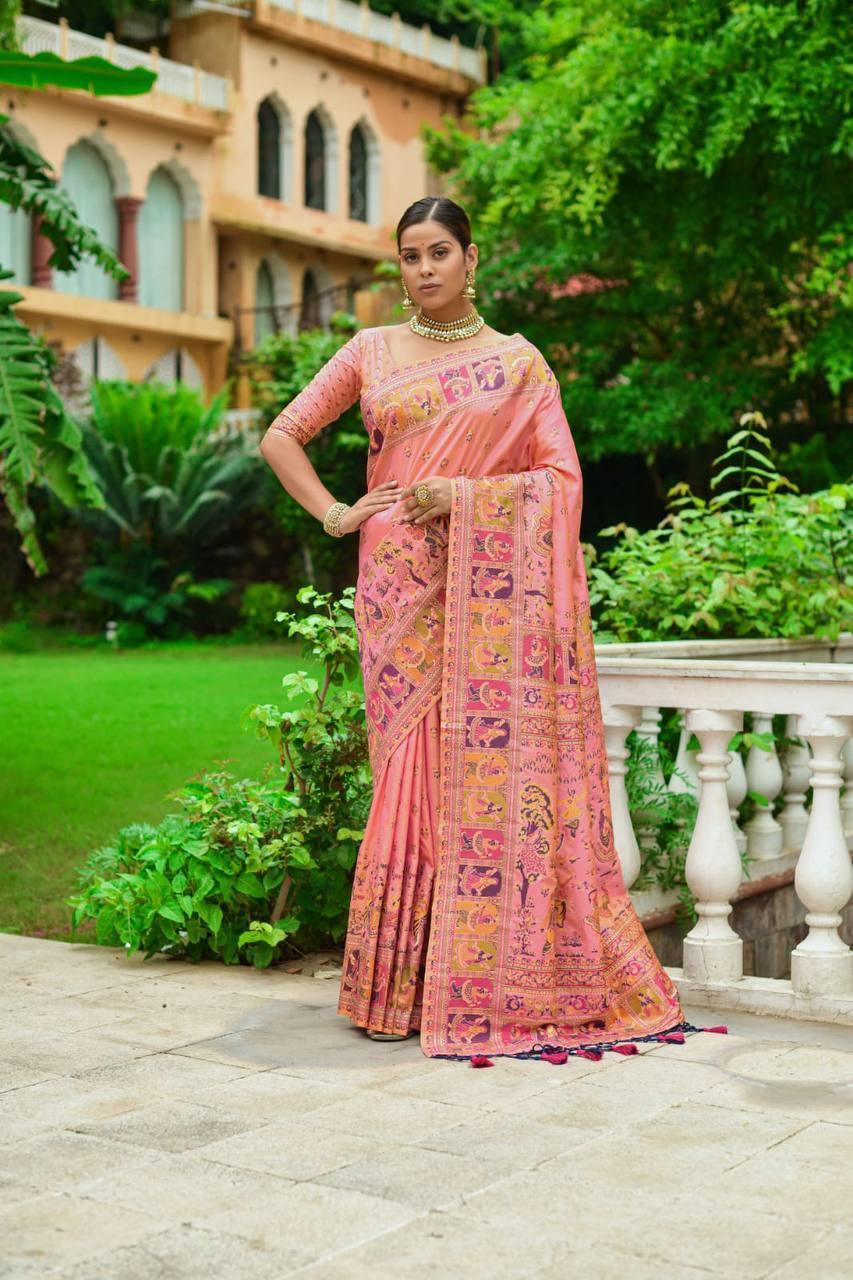 Baby Pink Kashmiri Pashmina Silk Saree - Indiakreations