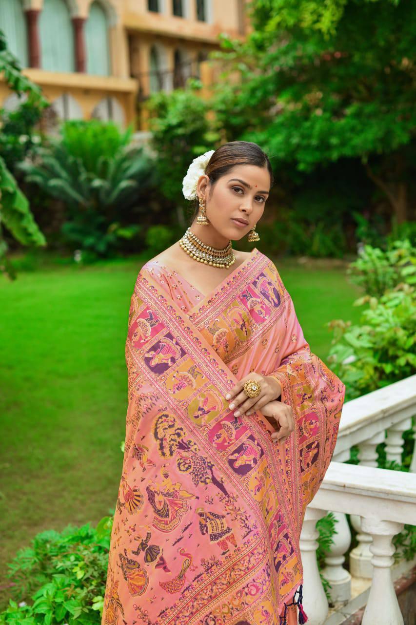 Baby Pink Kashmiri Pashmina Silk Saree - Indiakreations