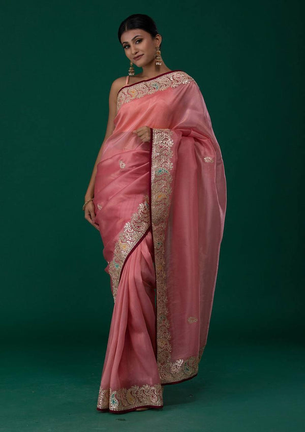 Baby Pink Organza Silk Saree - Indiakreations