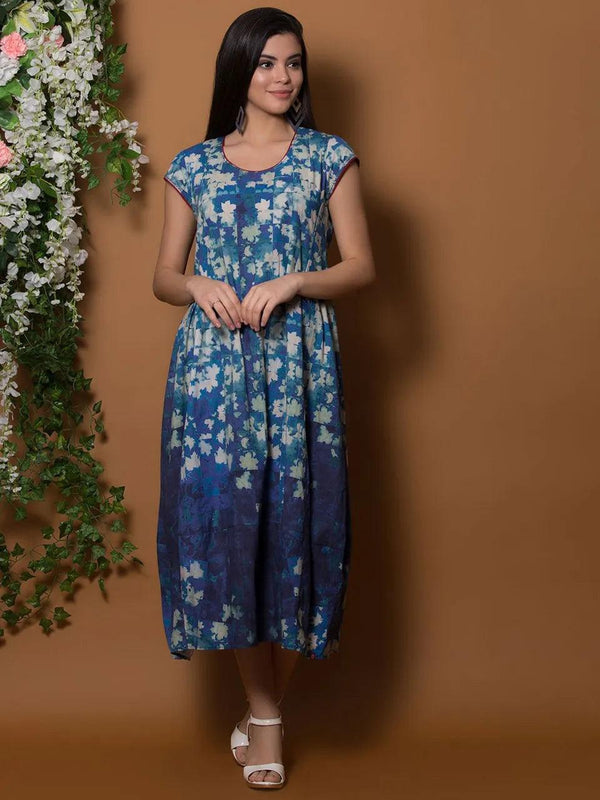 Women's Blue Floral Midi Dress - BIBA - Indiakreations