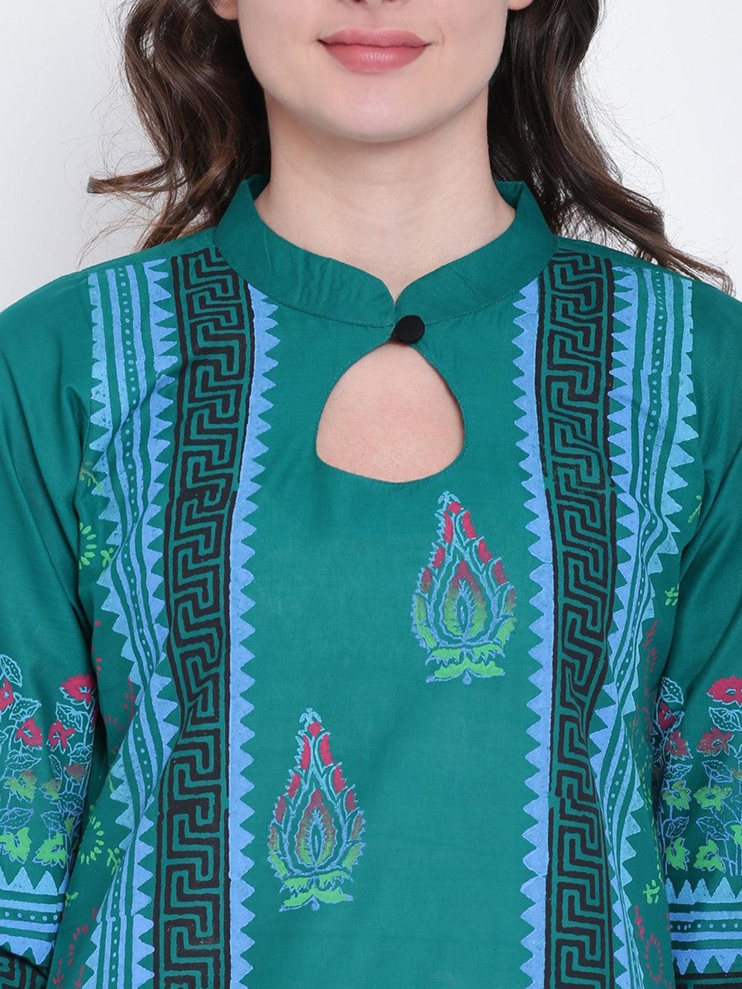 Women's Green & Blue Ethnic Motifs Block Print Kurta - Noz2Toz - Indiakreations