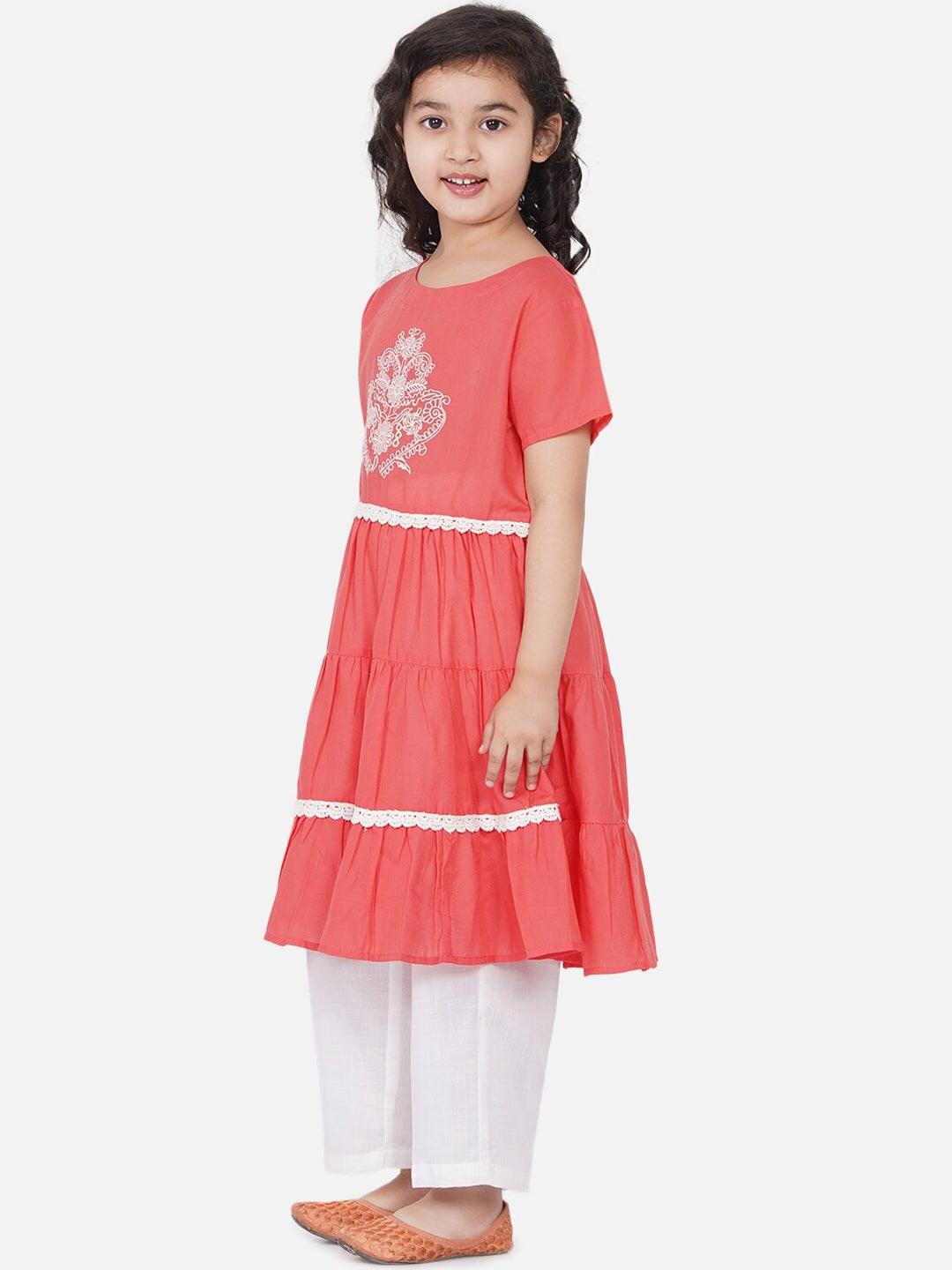 Girl's Peach-Coloured Embroidered Kurta with Dhoti Pants & With Dupatta - NOZ2TOZ KIDS - Indiakreations