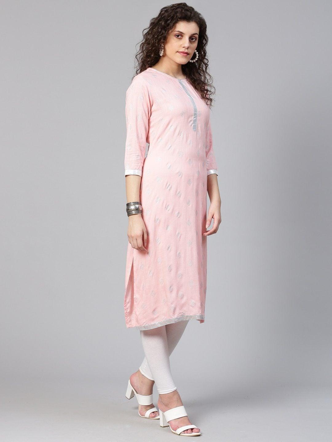 Women's Pink & Silver Gotta Patti Ethnic Printed Straight Kurta - Meeranshi - Indiakreations