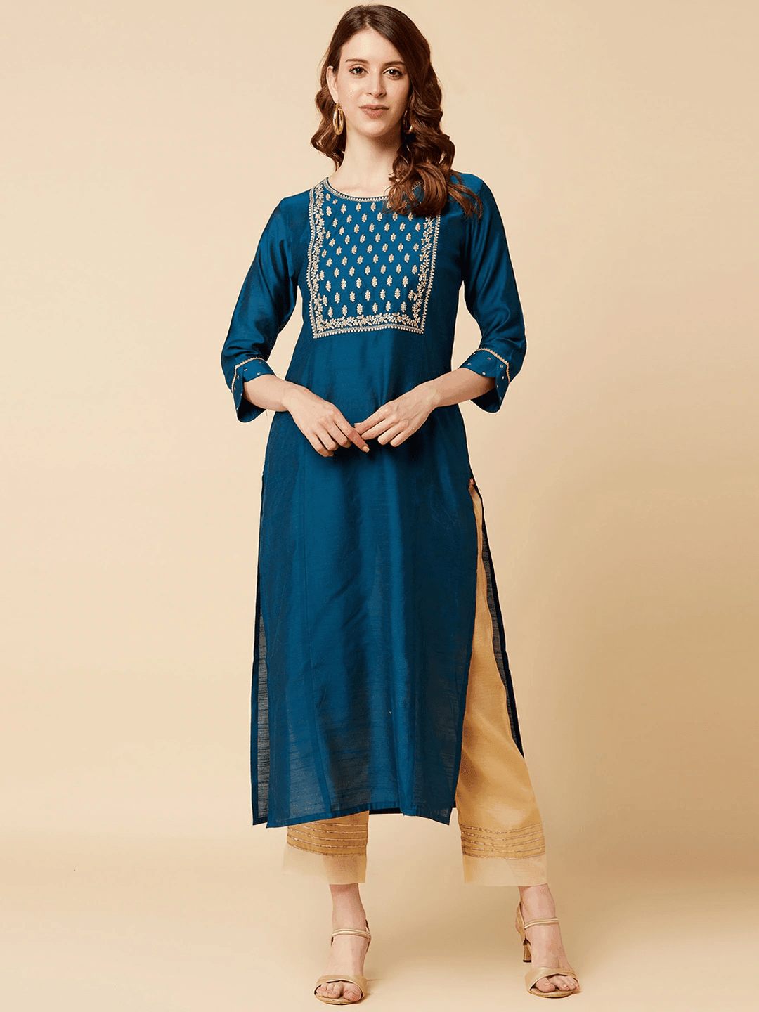 Teal Blue Yoke Design Thread Work Kurta - Indiakreations