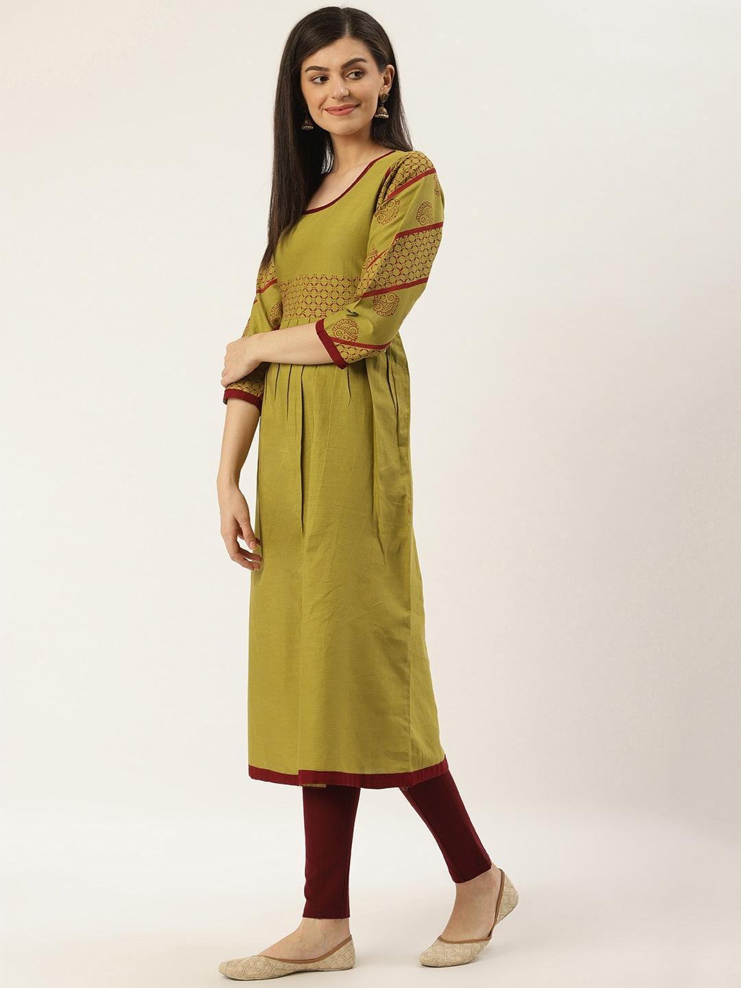 Women's Lime Green & Red Solid Pleated A-Line Kurta - NOZ2TOZ - Indiakreations