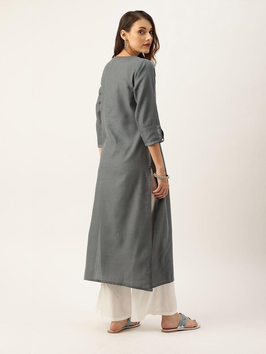 Women Grey Yoke Design Mirror Work Straight Kurta - Indiakreations