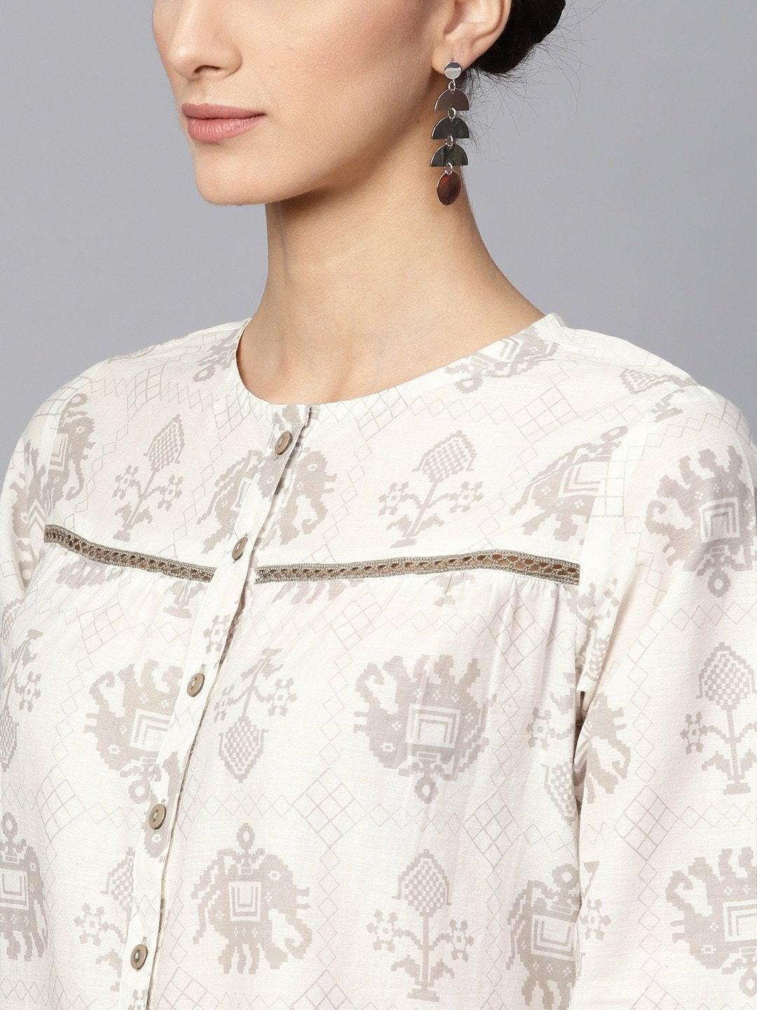 Women's Off-White & Grey Printed Straight Kurta - Meeranshi - Indiakreations