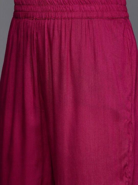 Varanga magenta kurta with dori and zari embroidered yoke paired with organza dupatta and straight trouser - Indiakreations