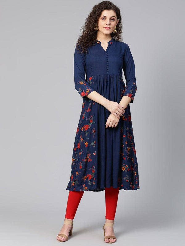 Women's Navy Blue & Red Floral Print Detail A-Line Kurta - Meeranshi - Indiakreations