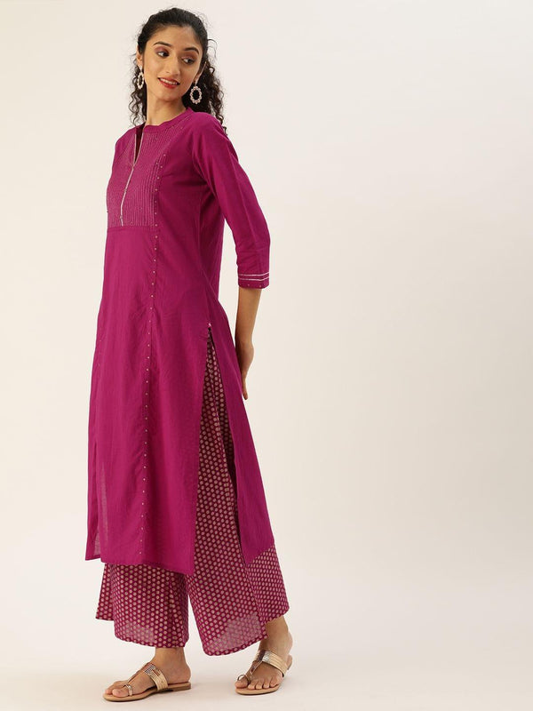 Women Magenta & White Printed Kurta With Palazzos - Indiakreations