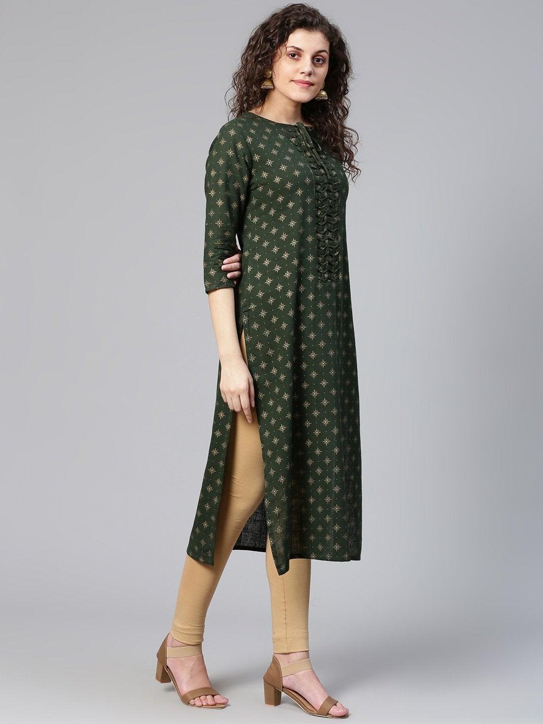 Women's Green & Golden Printed Straight Kurta - Meeranshi - Indiakreations