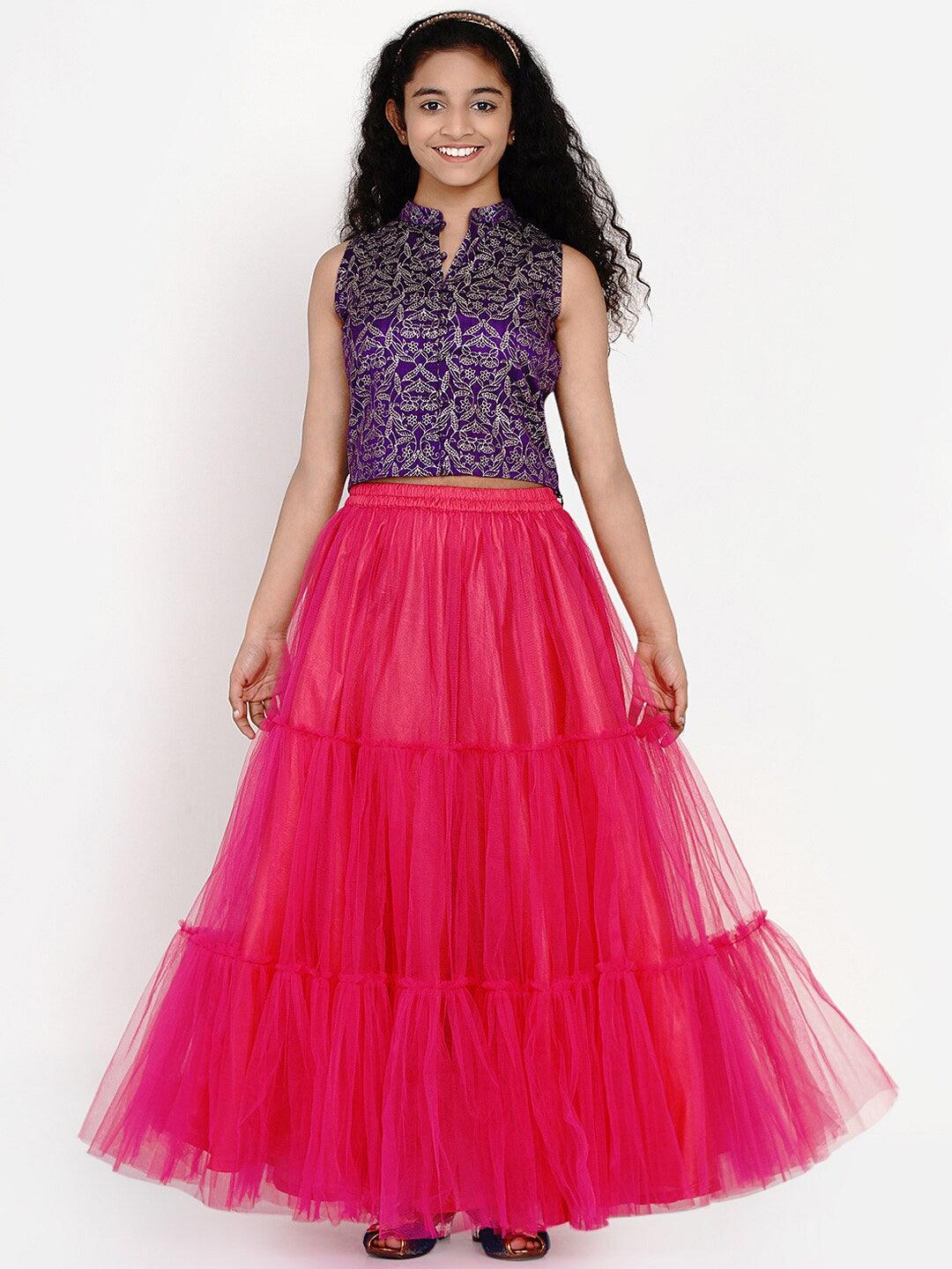 Girl's Purple & Pink Block Print Ready to Wear Lehenga Choli - NOZ2TOZ KIDS - Indiakreations