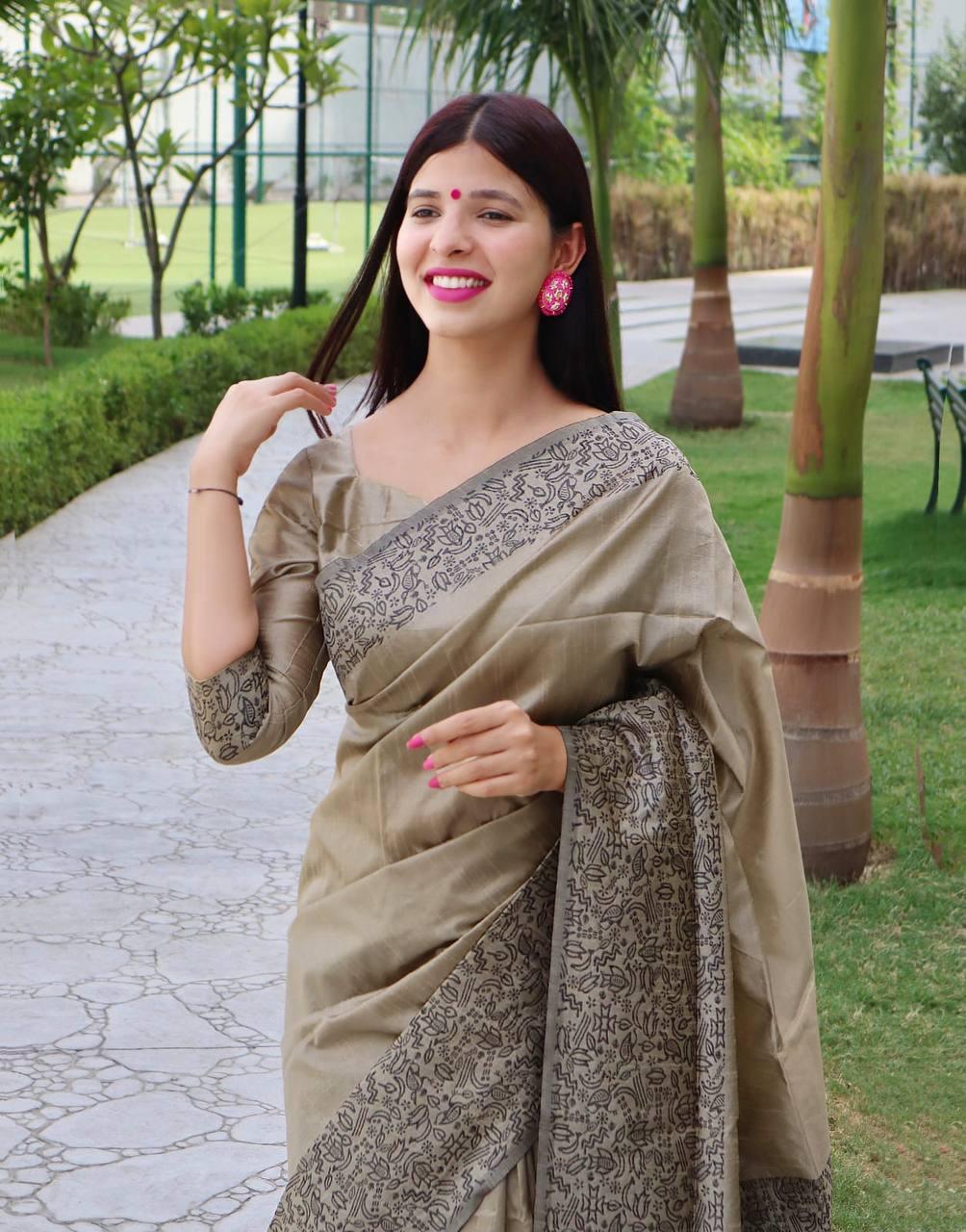 Beige Banglori Handloom Raw Silk Saree - Indiakreations