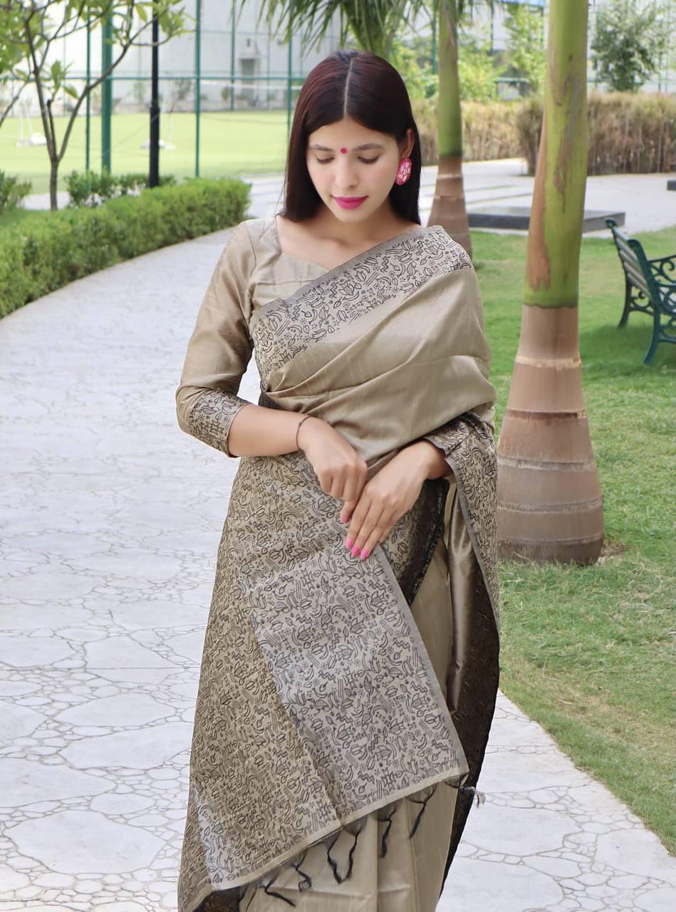 Beige Banglori Handloom Raw Silk Saree - Indiakreations