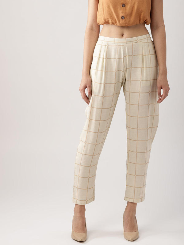 Beige Checkered Rayon Trousers