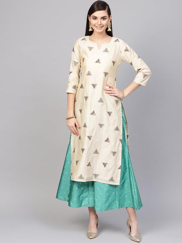 Beige Embroidered Polyester Straight Kurta With Palazzos