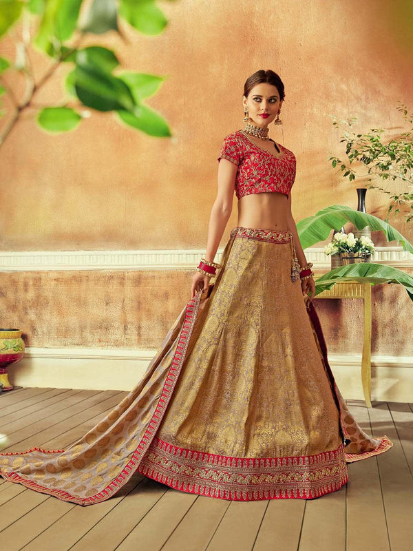 Women's Beige Jacquard Silk Designer Lehenga Choli - Odette