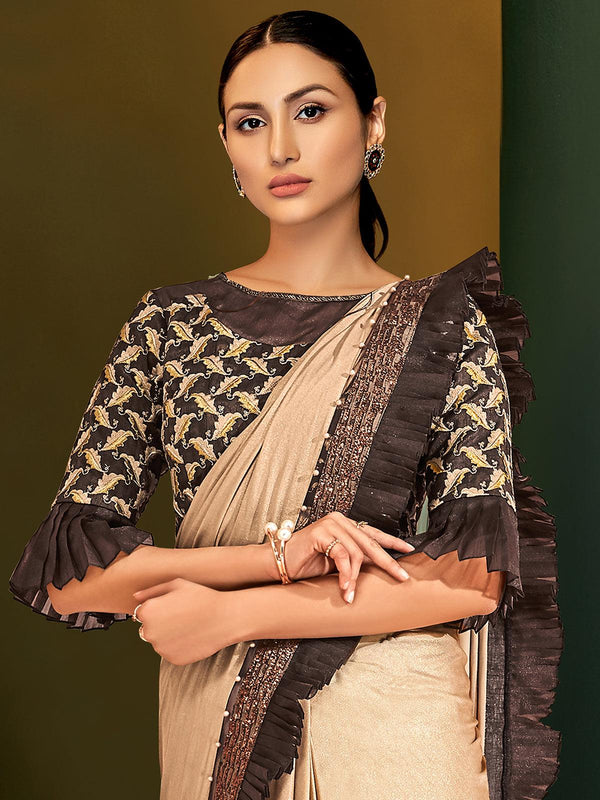 Women's Beige Lycra Designer Saree With Blouse - Odette