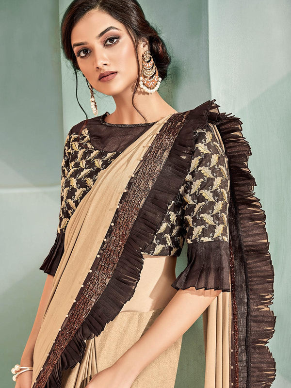 Women's Beige Lycra Designer Saree With Blouse - Odette