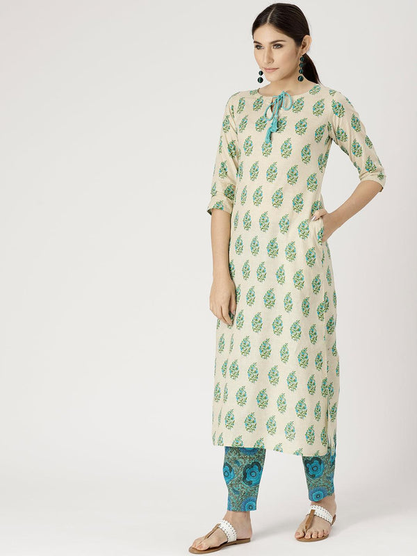 Beige Printed Cotton A-Line Kurta With Trousers
