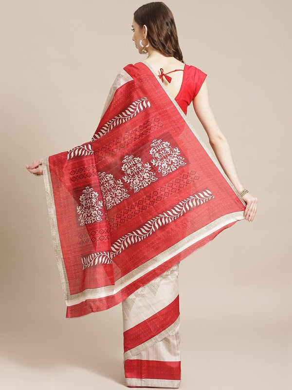 Beige Printed Cotton Silk Saree
