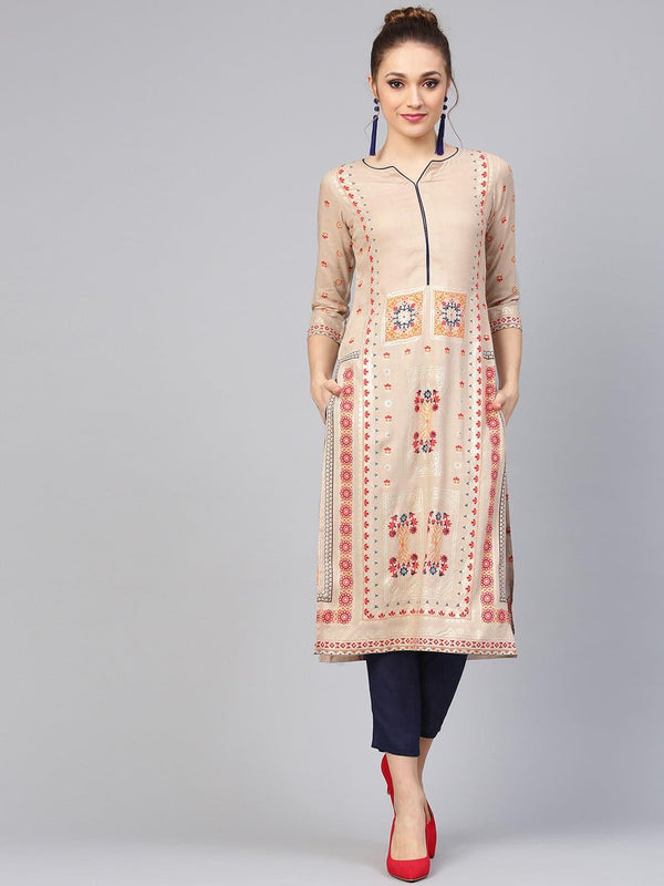 Beige Printed Rayon Straight Kurta With Trousers