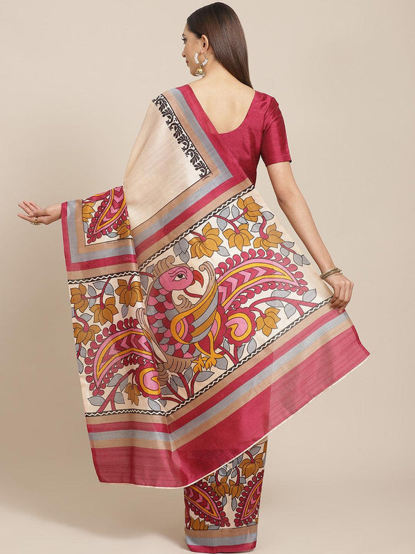 Beige Printed Silk Blend Saree
