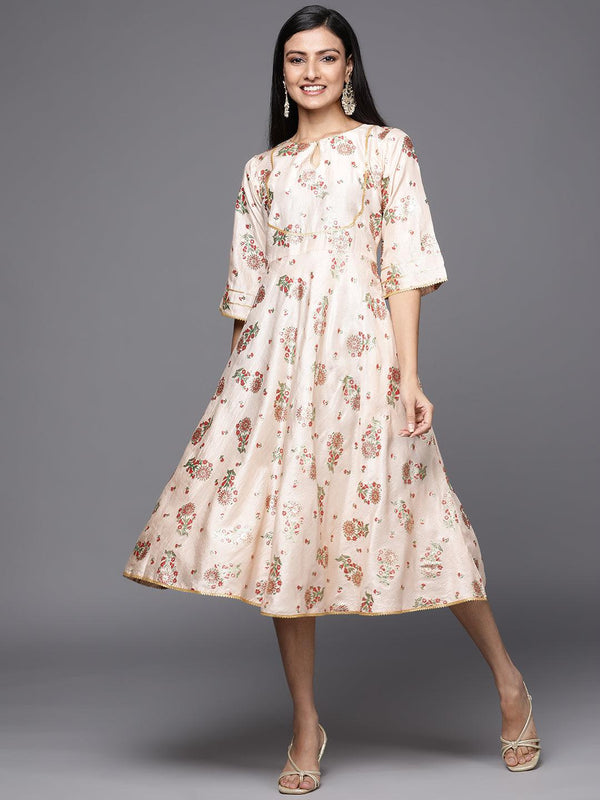 Beige Printed Silk Empire Dress