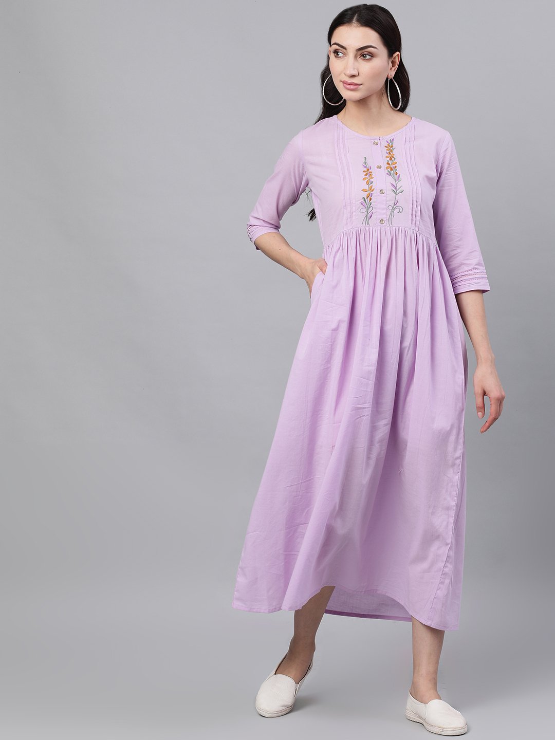 Women Lavender Solid Solid Round Neck Cotton Maxi Dress | NOZ2TOZ - Made In INDIA.