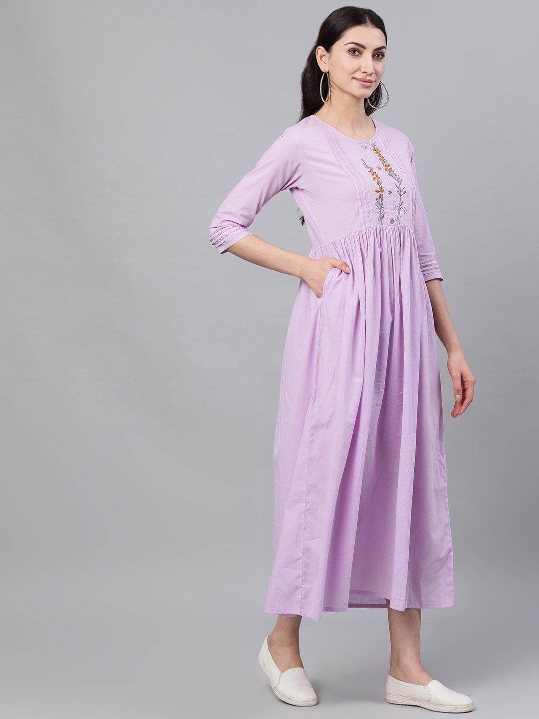 Women Lavender Solid Solid Round Neck Cotton Maxi Dress | NOZ2TOZ - Made In INDIA.