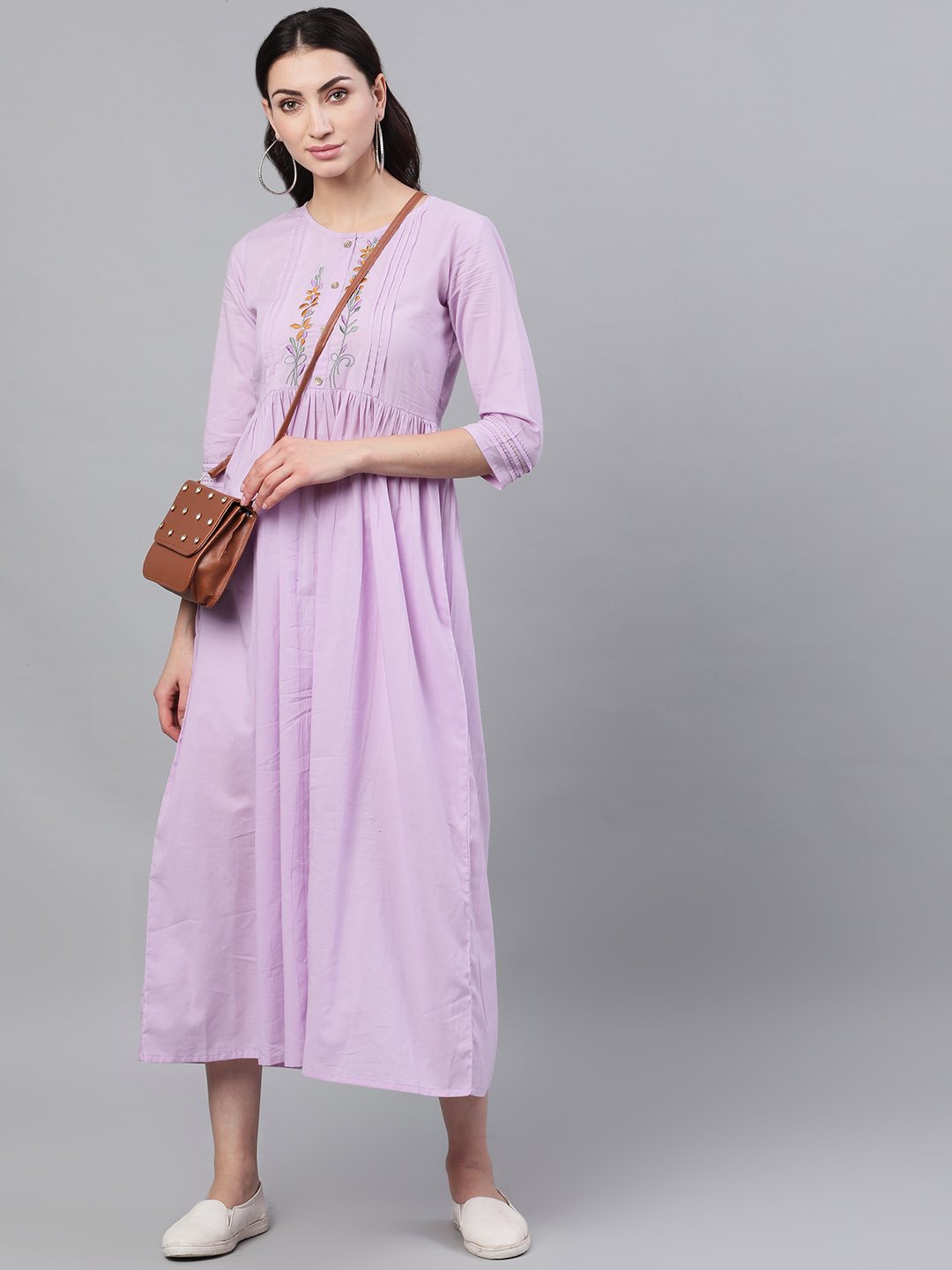 Women Lavender Solid Solid Round Neck Cotton Maxi Dress | NOZ2TOZ - Made In INDIA.