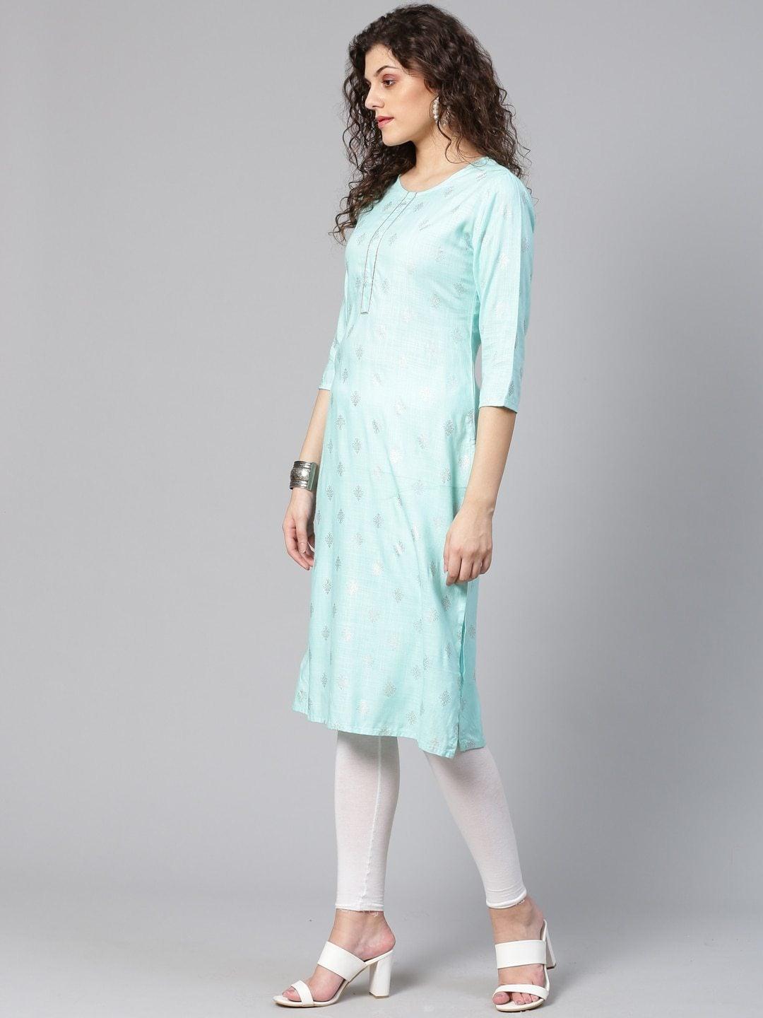 Women's Blue & Silver Printed Straight Kurta - Meeranshi - Indiakreations