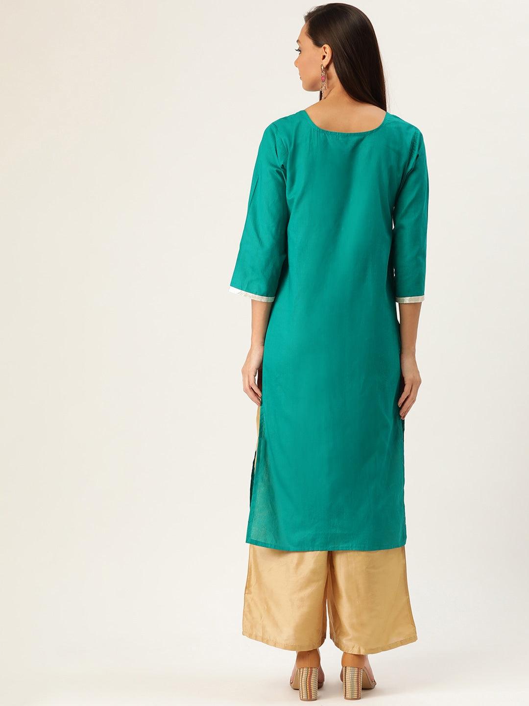 Women's Teal Green & Golden Yoke Design Straight Kurta - NOZ2TOZ - Indiakreations