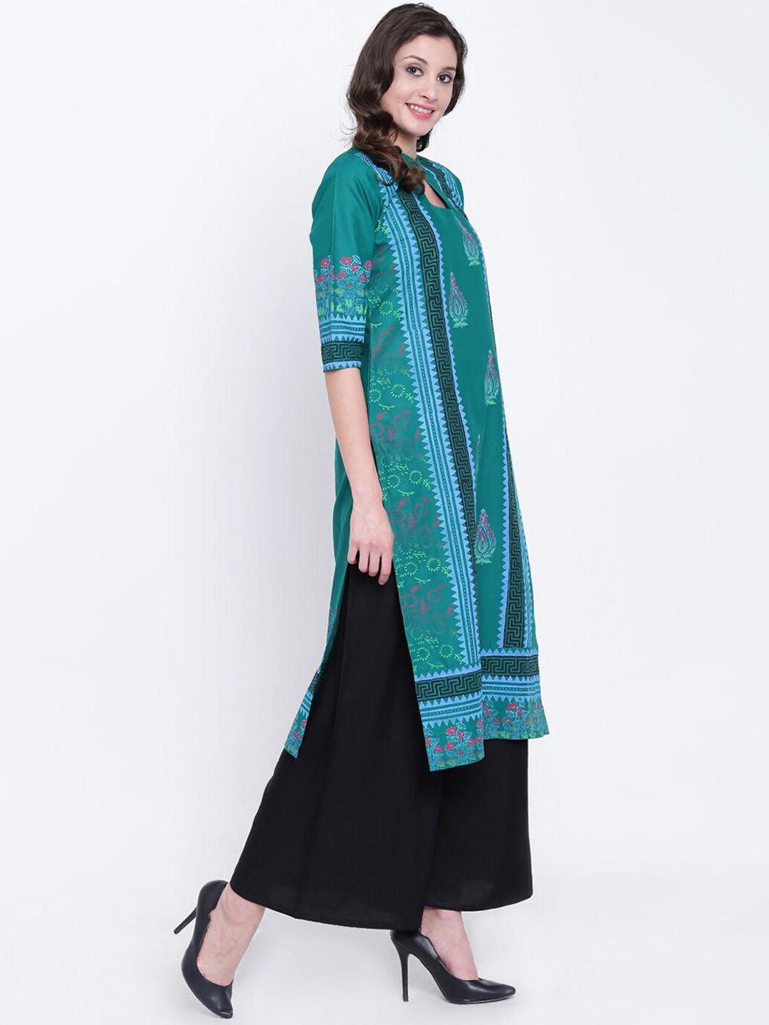 Women's Green & Blue Ethnic Motifs Block Print Kurta - Noz2Toz - Indiakreations