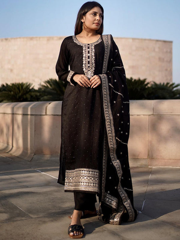 Black Embroidered Silk Blend Straight Kurta With Dupatta